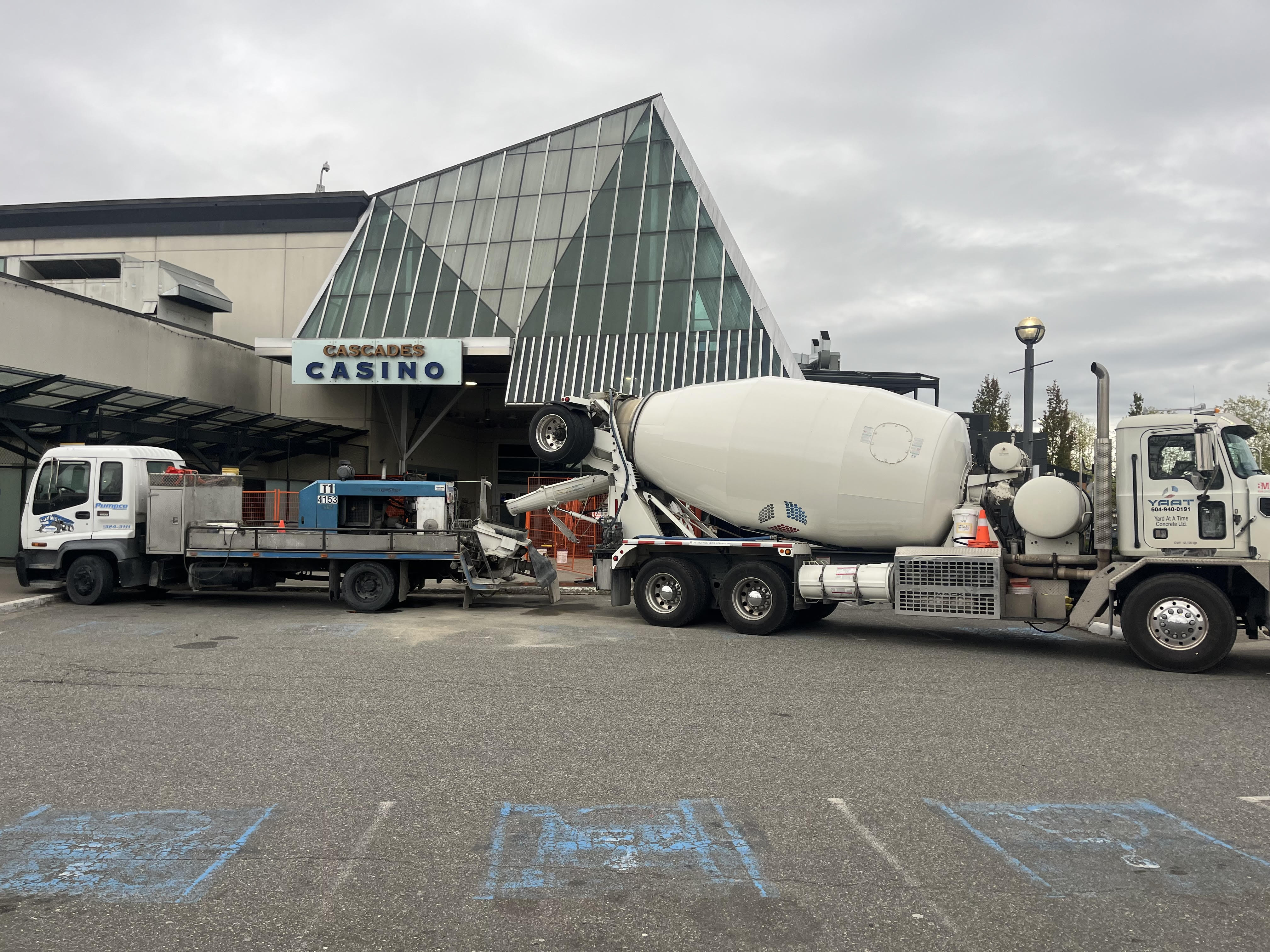 Concrete mixer truck delivering to the Cascades Casino entrance, Langley