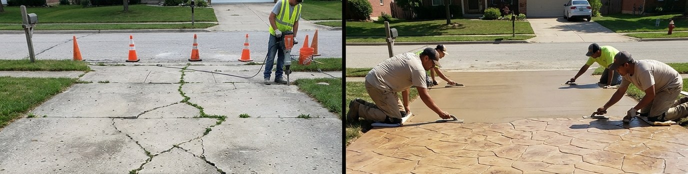 Side-by-side comparison of a cracked concrete driveway before repair and a restored, stamped driveway after